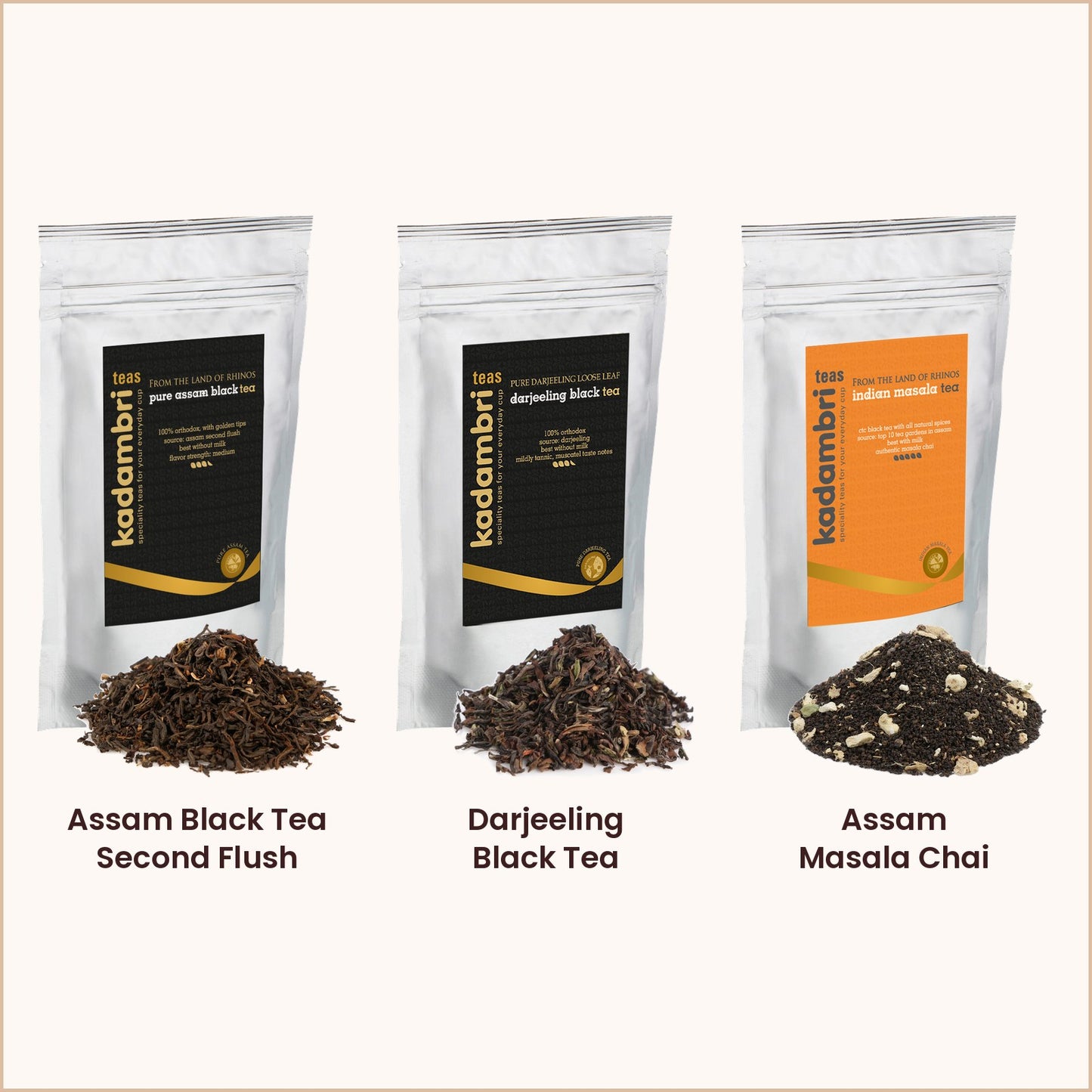 Black Tea Explorer containing Assam Black Tea Second Flush, Darjeeling Black Tea, and Assam Masala Chai.