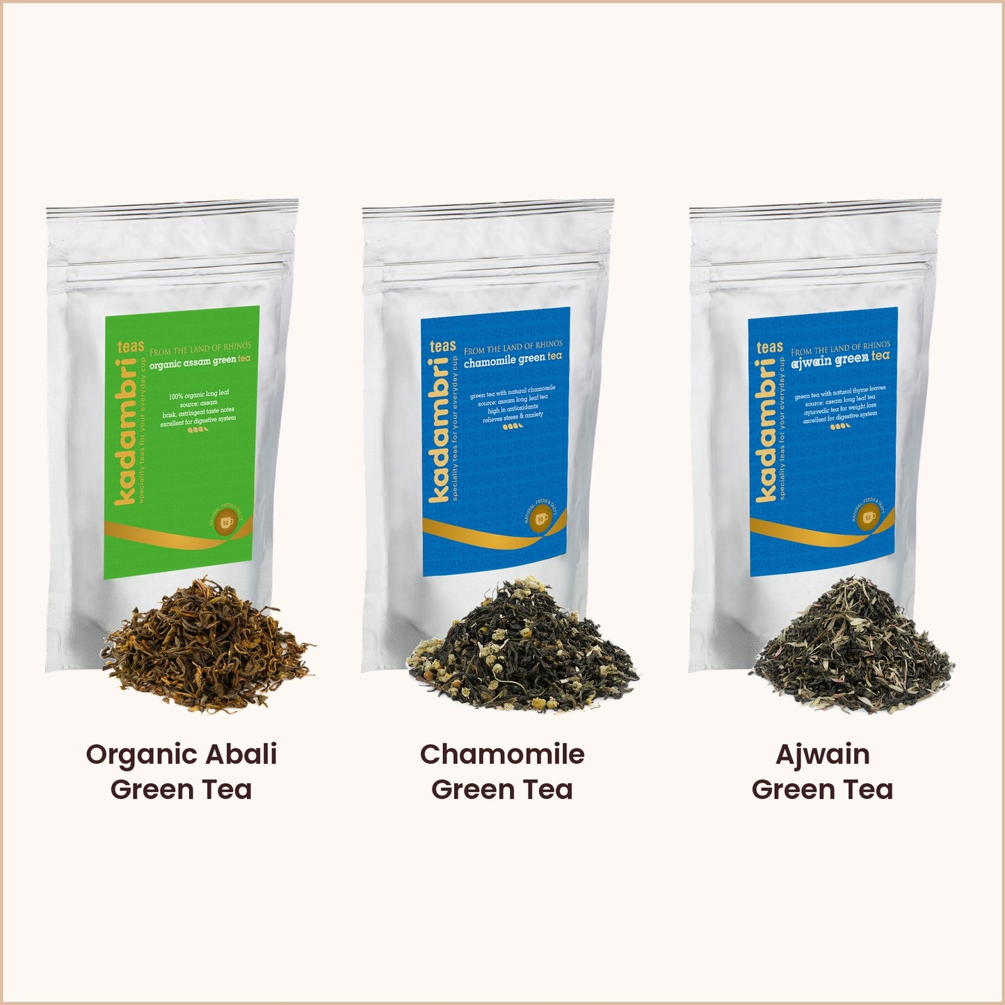 Wellness Bundle containing Organic Abali Green Tea, Chamomile Green Tea, and Ajwain Green Tea.