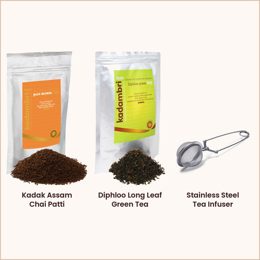 Morning Ritual Kit containing Kadak Assam Chai Patti, Diphloo Long Leaf Green Tea, and a stainless steel tea infuser.