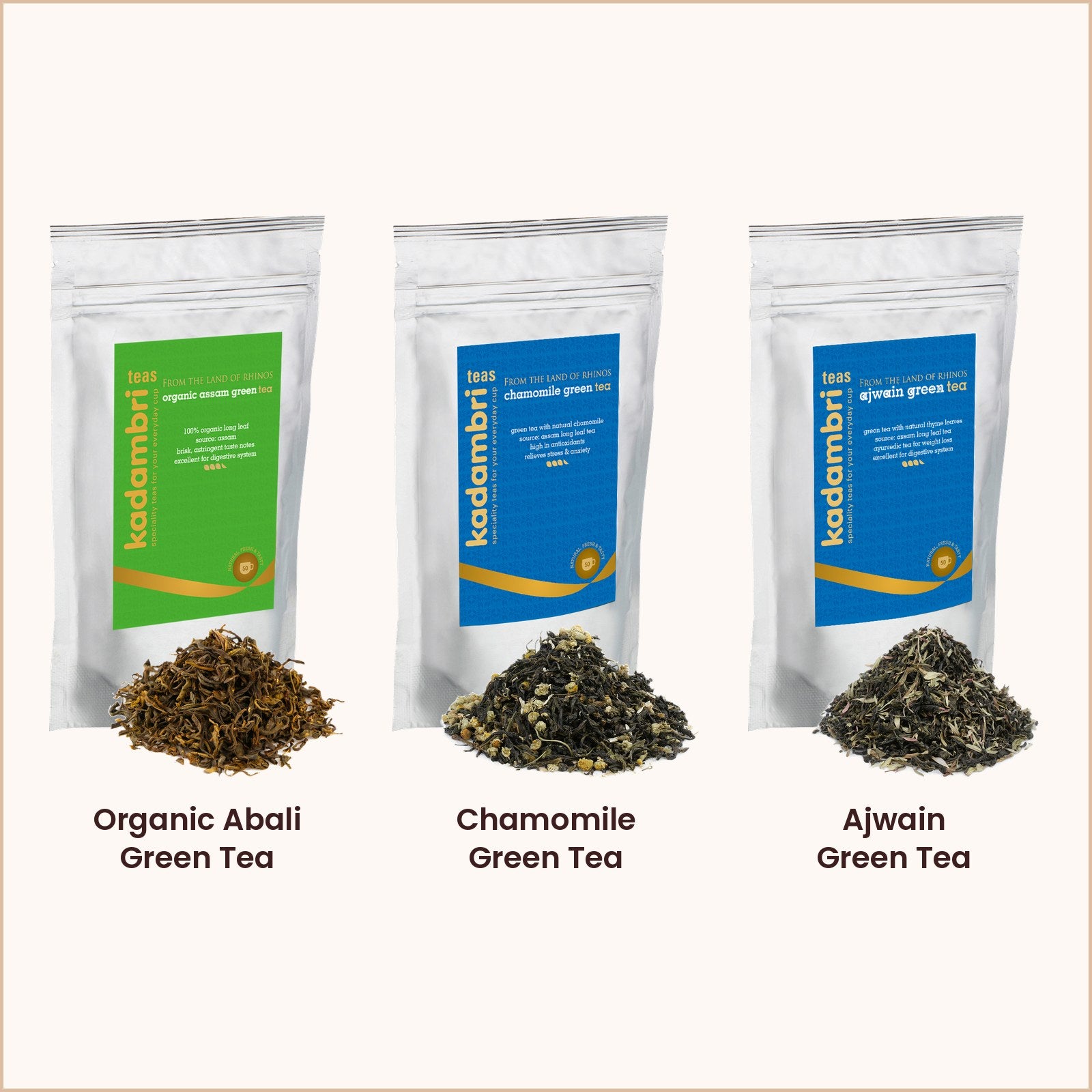 Wellness Bundle containing Organic Abali Green Tea, Chamomile Green Tea, and Ajwain Green Tea.
