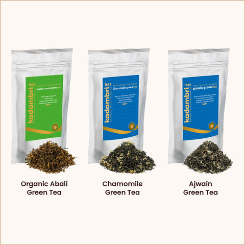 Wellness Bundle containing Organic Abali Green Tea, Chamomile Green Tea, and Ajwain Green Tea.