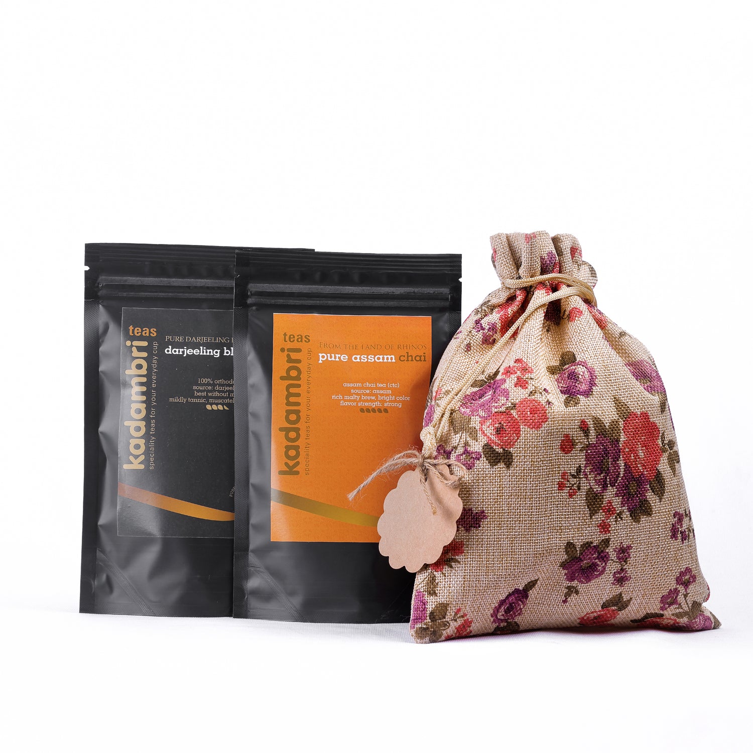 Darjeeling and Assam tea in a reusable jute gift bag