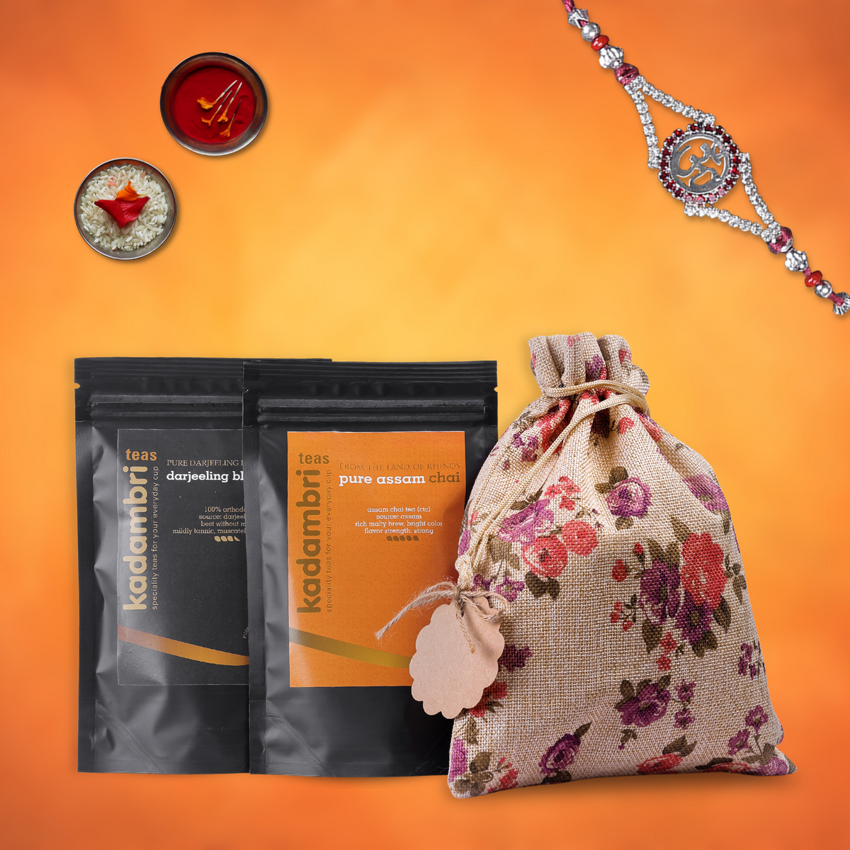 Rakhi Hamper for Brother with rakhi, Darjeeling tea, Assam chai and roli chawal in a jute potli bag