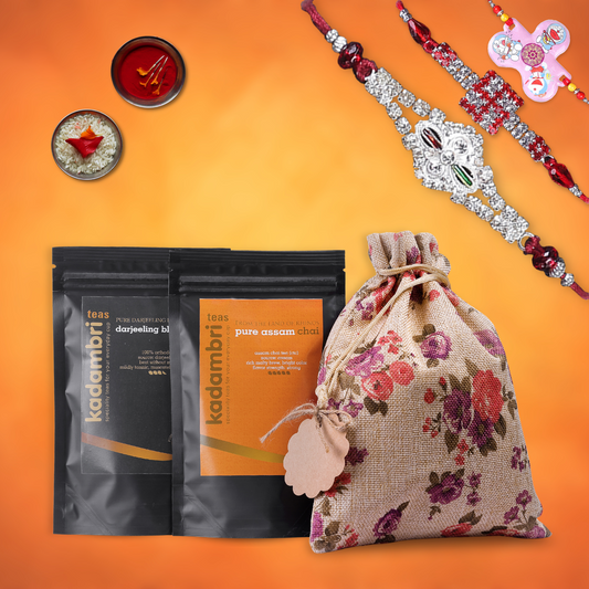 Rakhi Hamper for Brother, Bhabhi and 1 Kid with three rakhis, Darjeeling tea, Assam chai and roli chawal in a jute potli bag