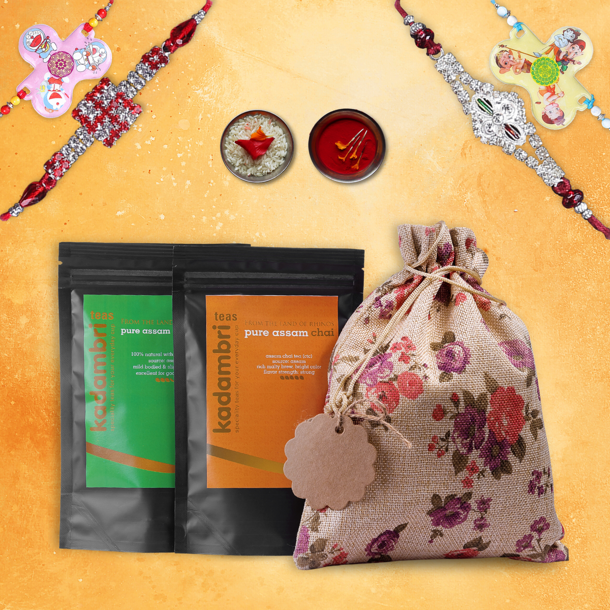 Rakhi Hamper for Brother, Bhabhi and 2 Kids with four rakhis, green tea, Assam chai and roli chawal in a jute potli bag