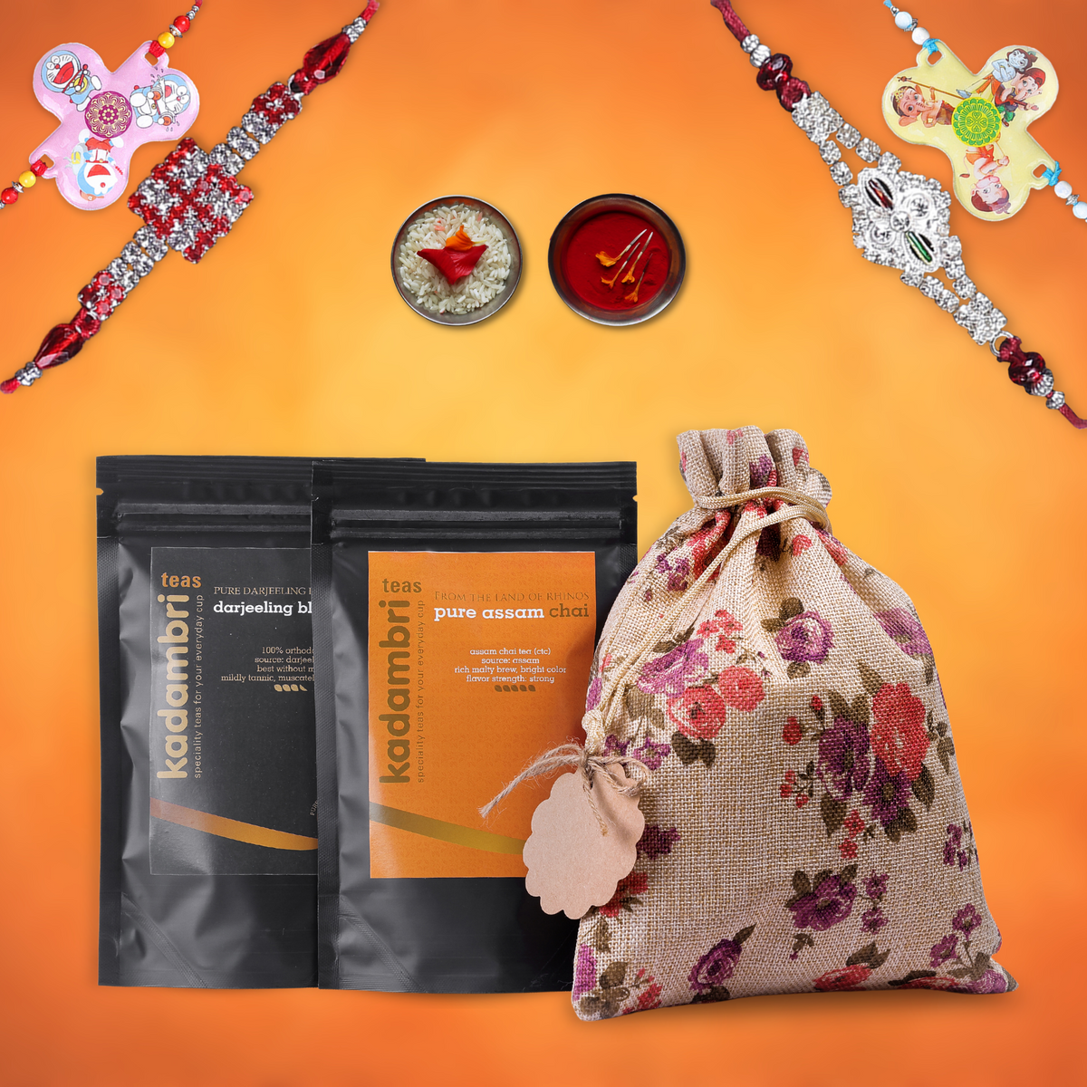 Rakhi Hamper for Brother, Bhabhi and 2 Kids with four rakhis, Darjeeling tea, Assam chai and roli chawal in a jute potli bag