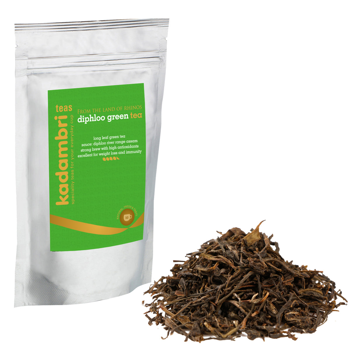Diphloo Long Leaf Green Tea pack with whole long leaf tea
