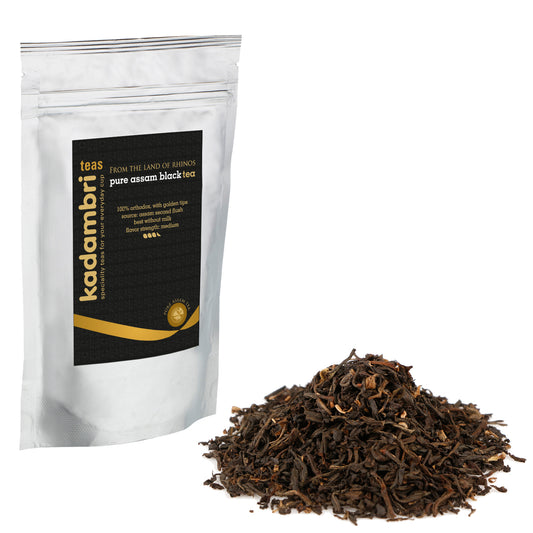 Assam Black Tea Second Flush pack with golden tip leaves