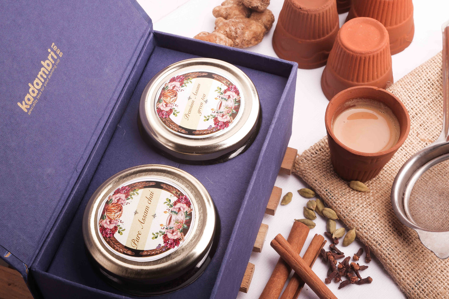 Assam green tea and chai gift box, two teas in festive packaging