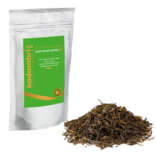 Assam Orthodox Green Tea pack with finely rolled loose leaf